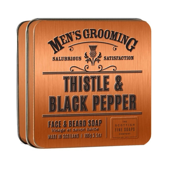 Men's grooming thistle and black pepper face and beard soap