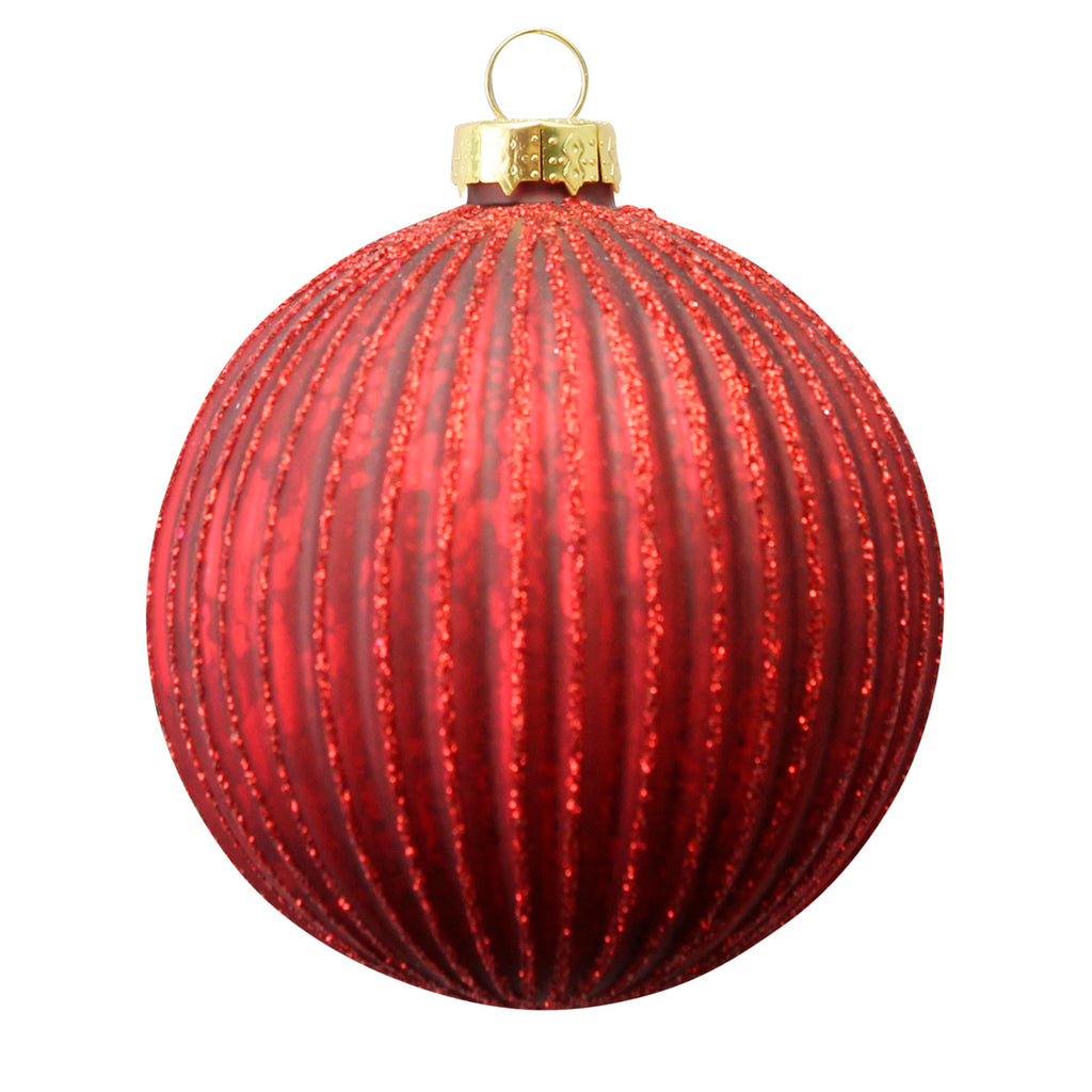 Matt Red and Glitter Ribbed Glass Bauble